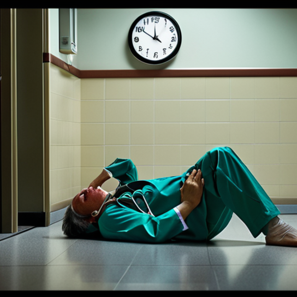 **Prompt 1:** A tired doctor or resident, visibly exhausted, slumped against a hospital wall or desk in a dimly lit corridor, with a clock showing very late hours in the background. Convey the feeling of burnout and overwhelming stress after prolonged shifts. Emphasize fatigue and the harsh reality of long work hours in healthcare.