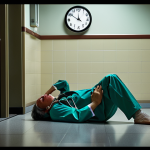 **Prompt 1:** A tired doctor or resident, visibly exhausted, slumped against a hospital wall or desk in a dimly lit corridor, with a clock showing very late hours in the background. Convey the feeling of burnout and overwhelming stress after prolonged shifts. Emphasize fatigue and the harsh reality of long work hours in healthcare.