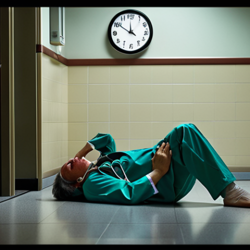 Home 13 **Prompt 1:** A tired doctor or resident, visibly exhausted, slumped against a hospital wall or desk in a dimly lit corridor, with a clock showing very late hours in the background. Convey the feeling of burnout and overwhelming stress after prolonged shifts. Emphasize fatigue and the harsh reality of long work hours in healthcare.