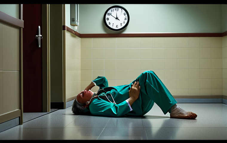 **Prompt 1:** A tired doctor or resident, visibly exhausted, slumped against a hospital wall or desk in a dimly lit corridor, with a clock showing very late hours in the background. Convey the feeling of burnout and overwhelming stress after prolonged shifts. Emphasize fatigue and the harsh reality of long work hours in healthcare.