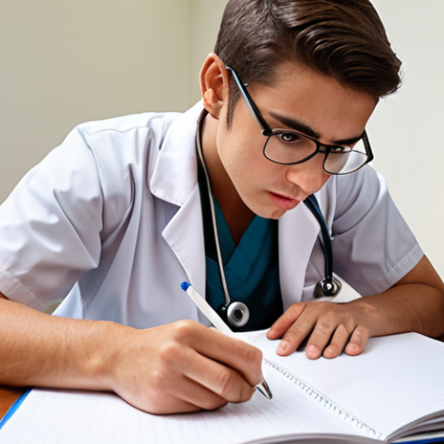 Home 8 A meticulous medical student studying with a one-subject notebook, surrounded by practice exams, emphasizing core concepts for efficient review.
