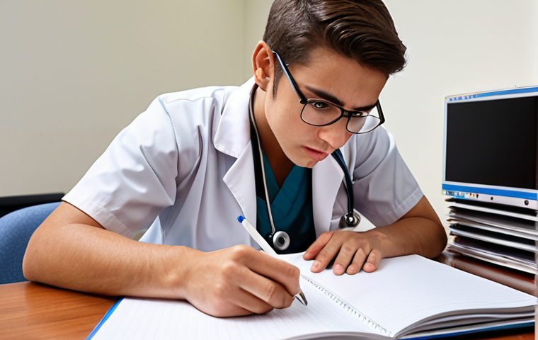 A meticulous medical student studying with a one-subject notebook, surrounded by practice exams, emphasizing core concepts for efficient review.