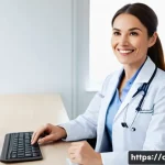 의료 실무 경험담 블로그 사례 - A compassionate female doctor, in her late 30s, wearing a pristine white lab coat over smart busines...