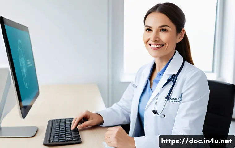 의료 실무 경험담 블로그 사례 - A compassionate female doctor, in her late 30s, wearing a pristine white lab coat over smart busines...