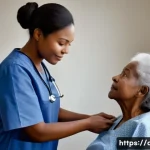환자 커뮤니케이션 사례 - **Prompt:** A gentle, compassionate female nurse, dressed in a clean, professional blue scrub unifor...