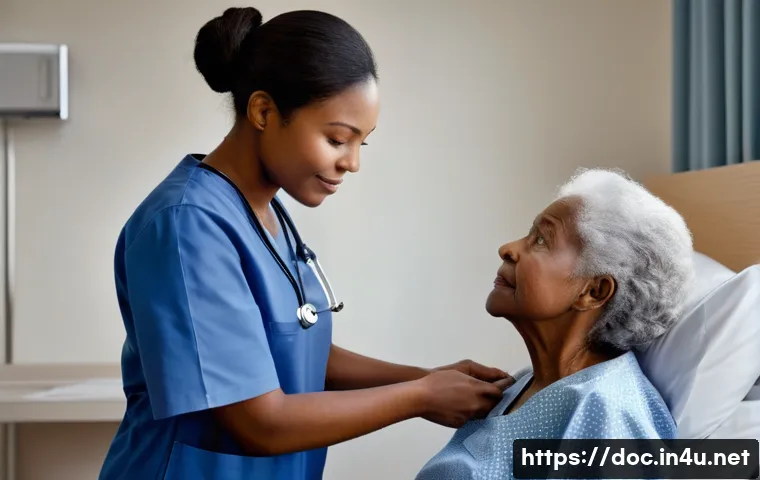 환자 커뮤니케이션 사례 - **Prompt:** A gentle, compassionate female nurse, dressed in a clean, professional blue scrub unifor...