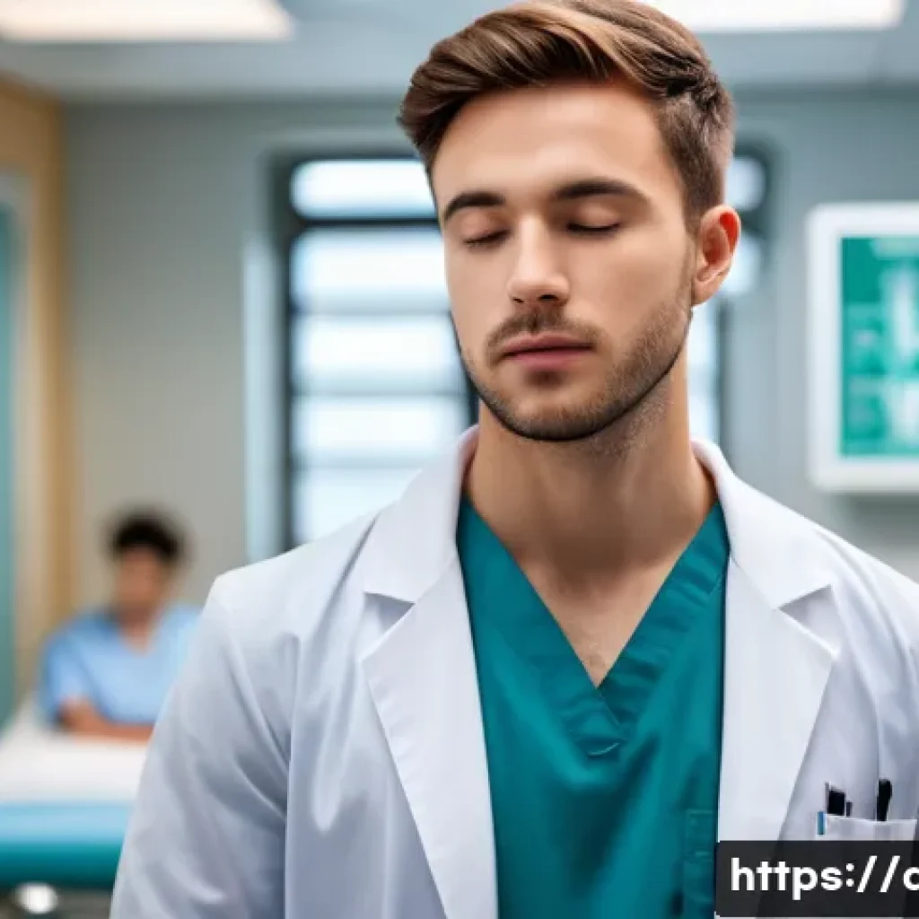 의료 실기 시험 준비법 - A focused young male medical student, wearing clean scrubs and a lab coat, standing in a brightly li...