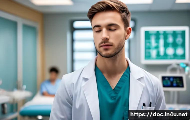 의료 실기 시험 준비법 - A focused young male medical student, wearing clean scrubs and a lab coat, standing in a brightly li...